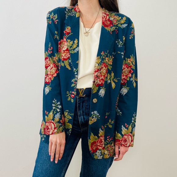 Vintage Liz Sport Floral Print Blazer Jacket, Oversized Long Fit Boho - Picture 4 of 10